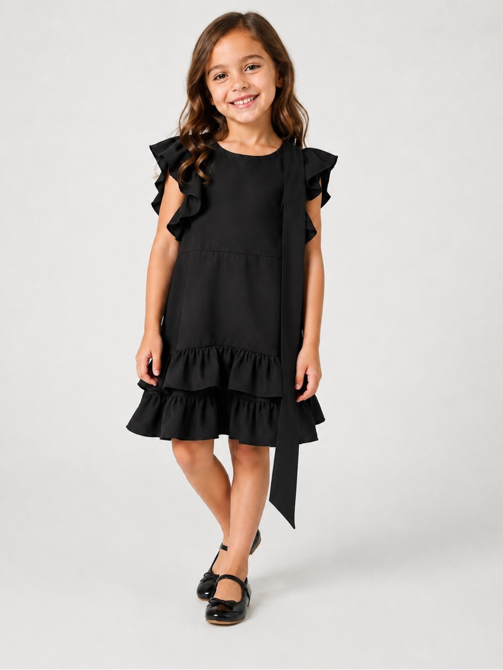Bonnie Jean Girls Size 7 Black Ruffle Dress Long Shoulder Tie Party Holiday